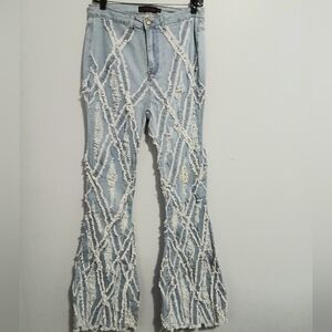 Purple Candy Light Wash Distressed Fringe Flare Jeans